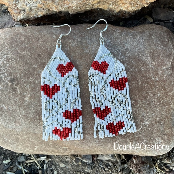 Red Hearts with Silver Scroll Beaded Earrings, New, Handmade by Me - Picture 11 of 11